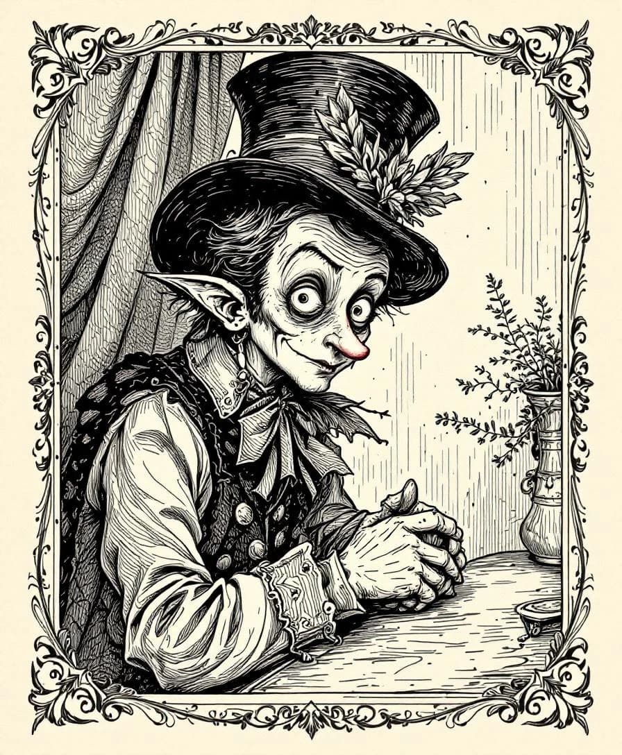 Ilustração a bico de pena em preto e branco, com hachuras finas e detalhe minucioso de uma figura intrigante.