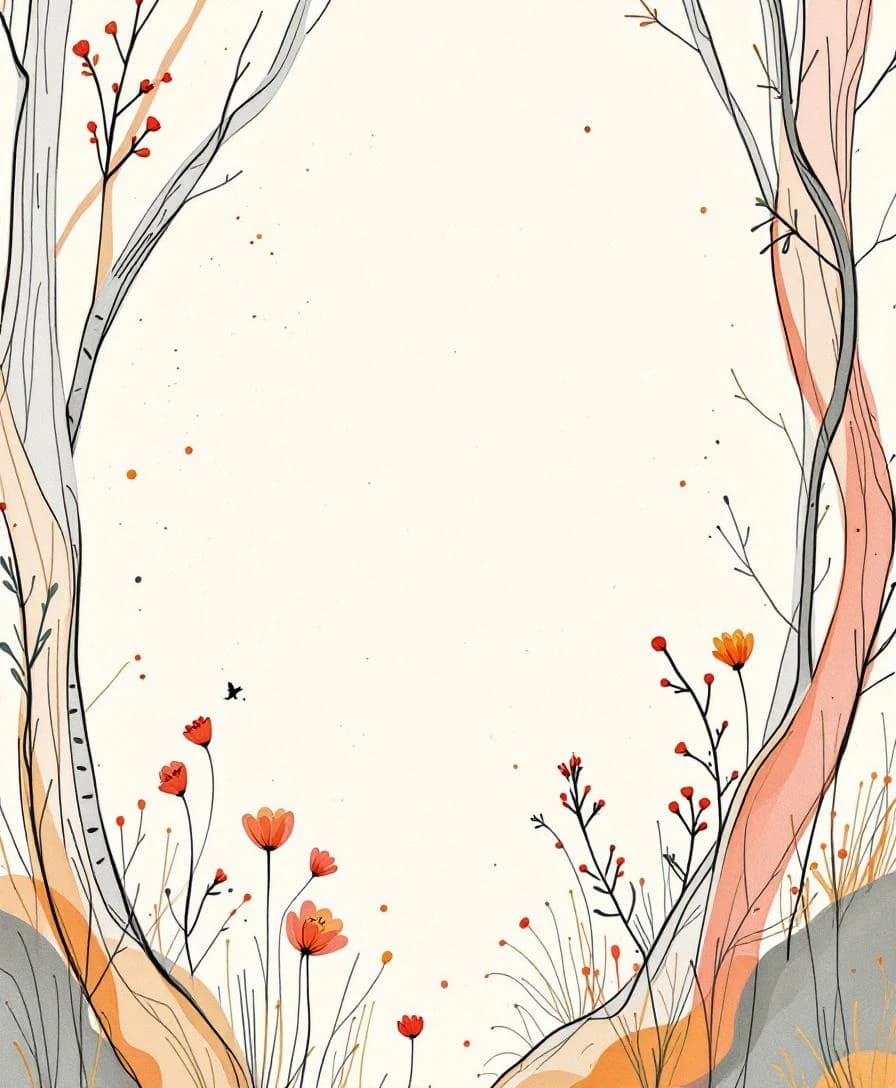 Ilustração de árvores delicadas com flores vermelhas em linha-arte poética, fundo bege com bastante respiro, em estilo de picture book infantil moderno.