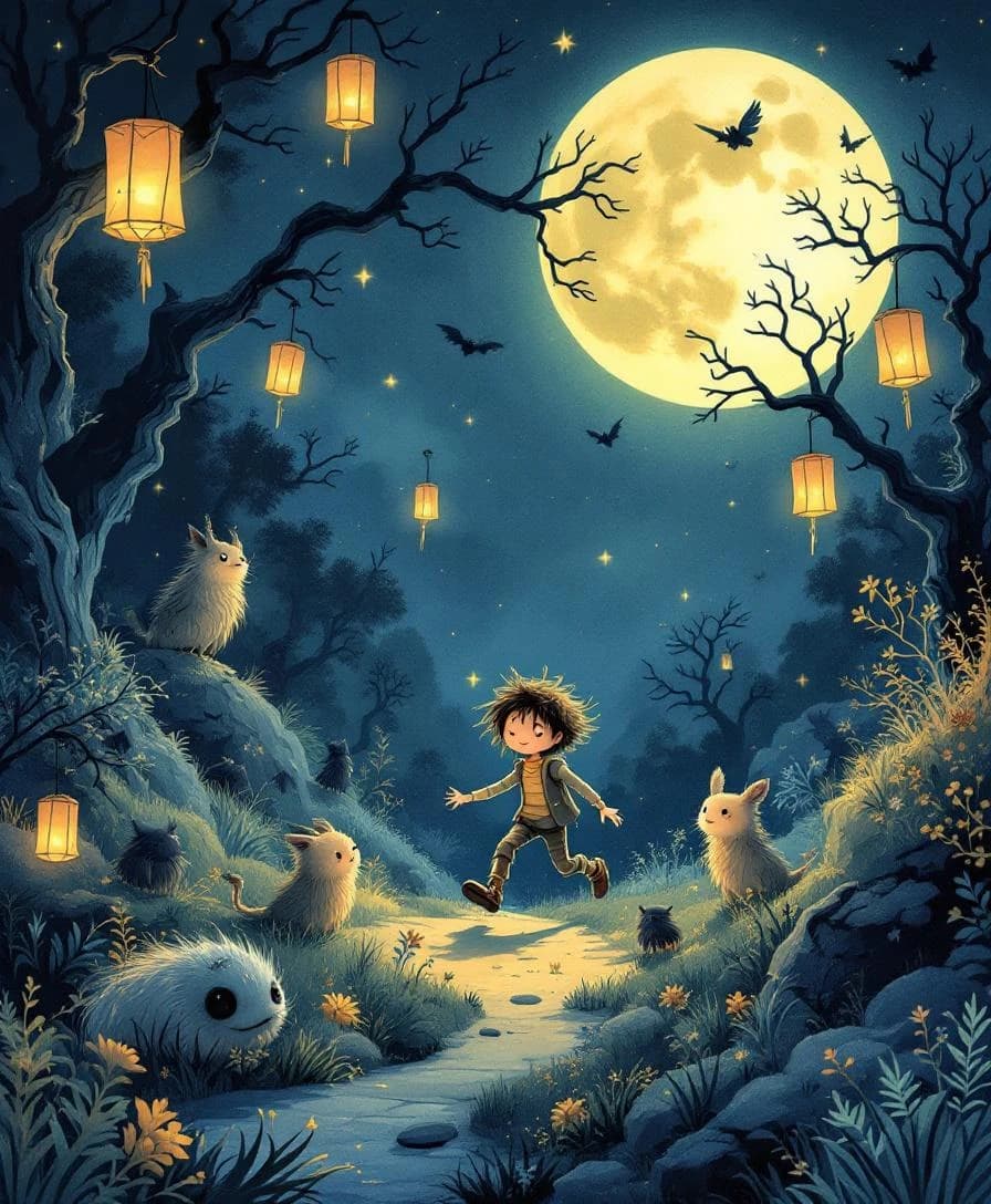 Criança correndo por floresta noturna iluminada por lanternas com pequenas criaturinhas amigáveis sob a lua cheia, em estilo de ilustração infantil mágica.