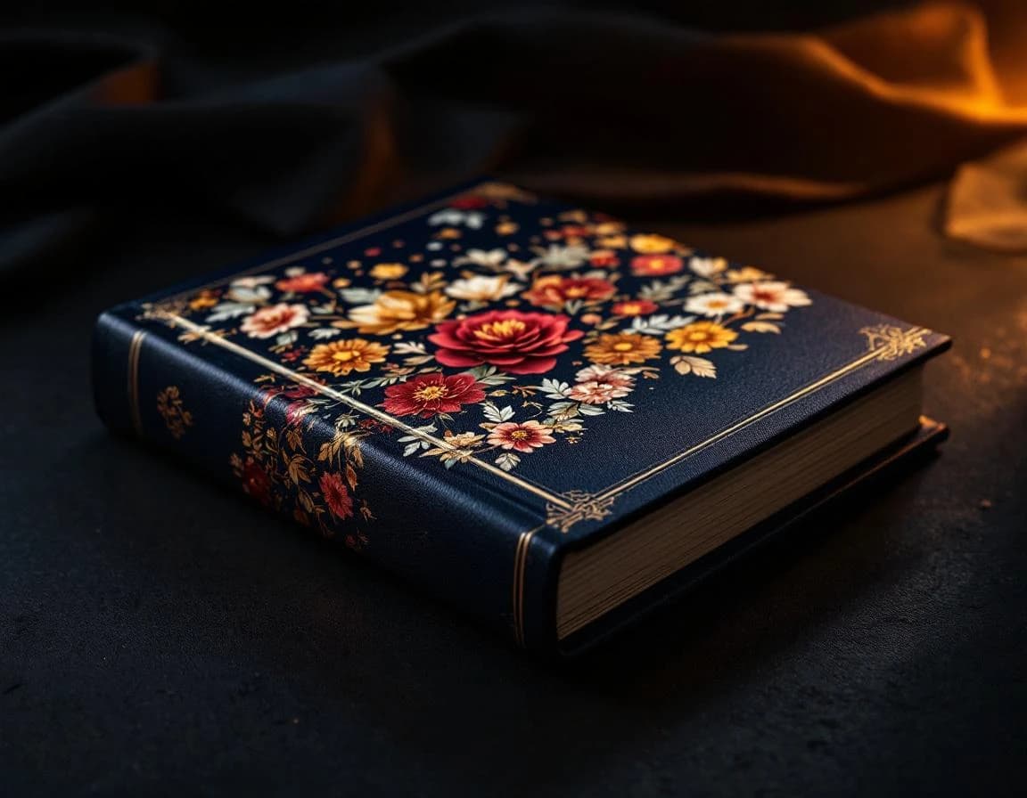 Livro de capa dura azul-noite com ilustração colorida e estrela dourada centralizada, fotografado em close-up com iluminação dramática.