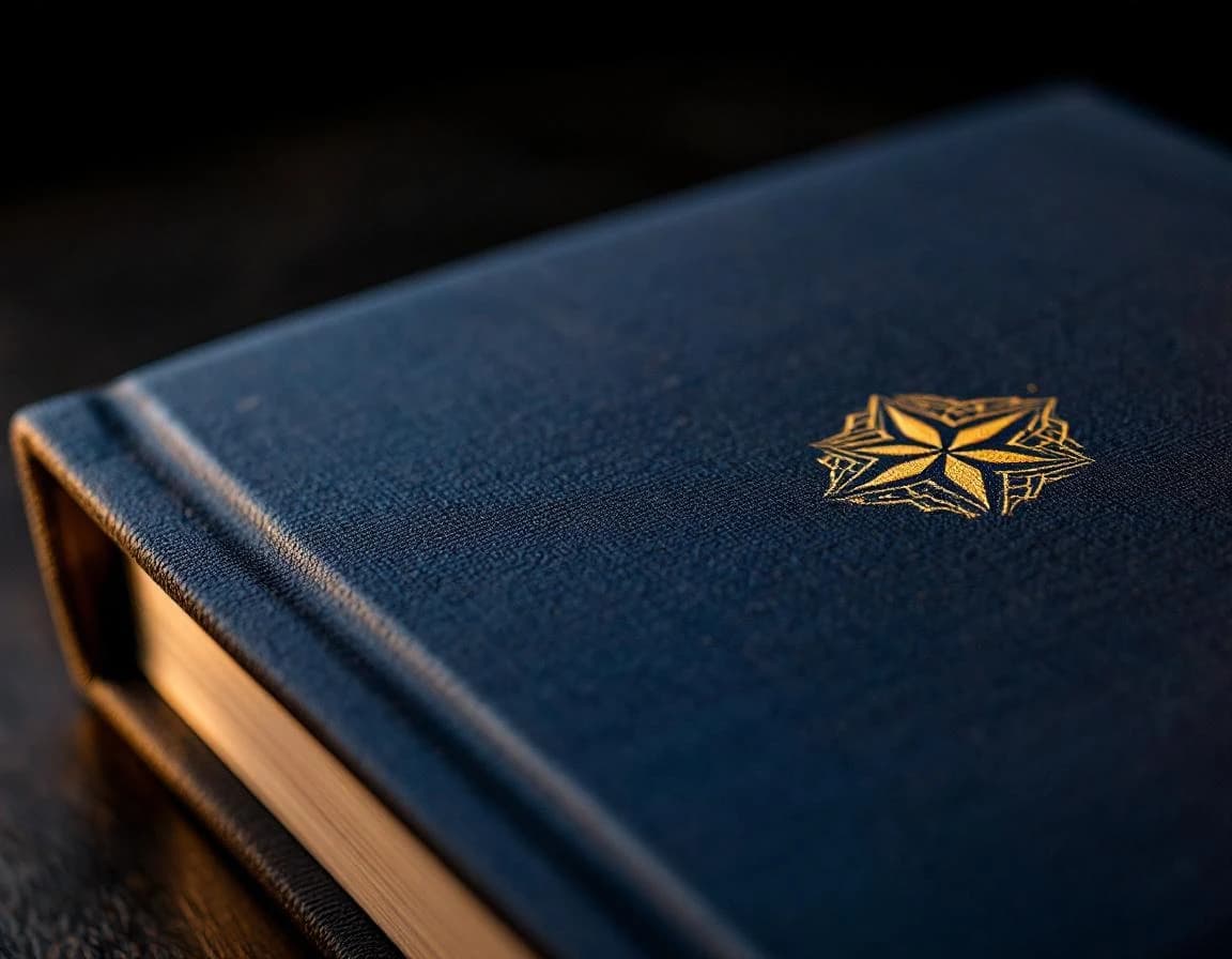 Capa em tecido linho azul-marinho com selo de estrela em folha dourada gravada, textura do linho visível em close-up.